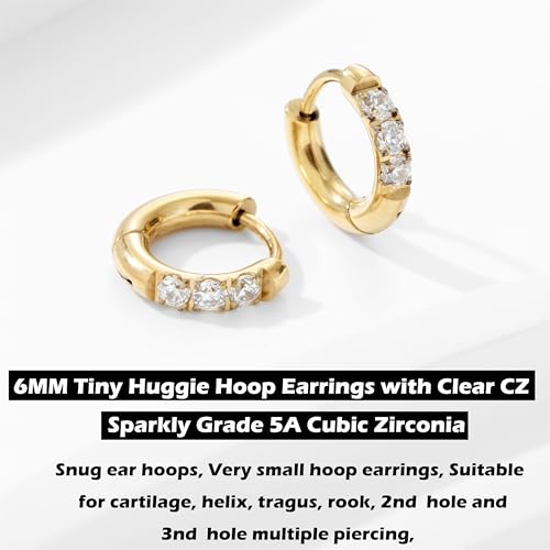 Image of Hypoallergenic Unisex Surgical Steel Small Cubic Zirconia Huggie Hoop Earring, Color Gold - Silver - Rose Gold - Black - Rainbow, Size 6mm- 12mm Safe for Sensitive Ear