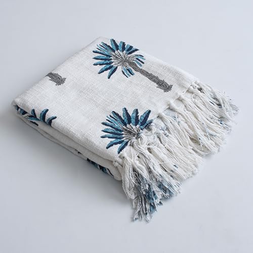 Image of Hand Block Printed 100% Cotton Soft Lightweight Sofa Throw with Tassels - Blue Palm Tree Design Decorative Couch Throws for Living Room, Bed & Travel (White, 50x70 Inches)