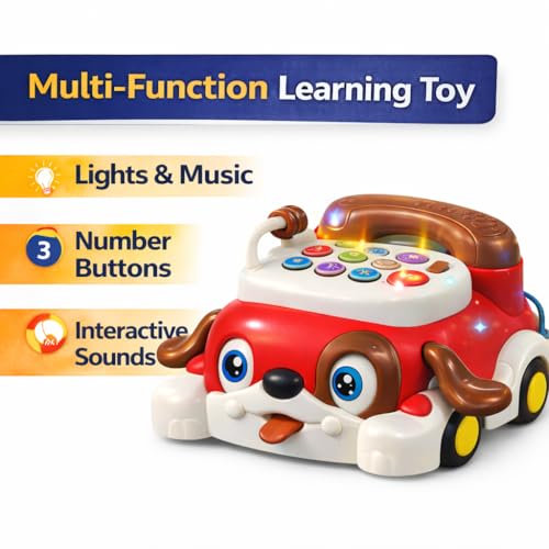 Image of Brand Conquer Educational Dog Telephone Toy for Kids | Interactive Learning Toy with Lights, Music & Bump & Go Action | Number Learning Toy with Sound & Movement | Baby & Toddler Toy (Red)