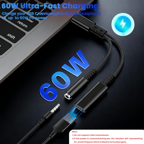 Image of Verilux PD 60W Type C to 3.5mm Headphone Charger Adapter, 2 in 1 Splitter Type C to USB-C Fast Charger & 3.5mm Headphone, Nylon Braided Cable for iPhone 17 /17 Pro /17 Pro Max /16 /15 Series