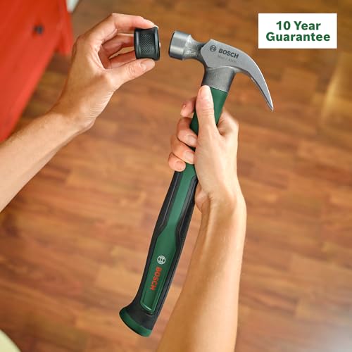 Image of BOSCH Claw Hammer 450 g /16 oz with soft bumper | Carbon Steel Head (50-58 HRC) | Fiberglass Core Handle with Ergonomic Soft-Grip | V-Shaped Claw for Nail Removal | Durable DIY Hand Tool