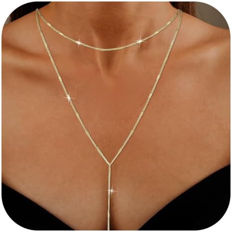 Yowivon Gold Necklace for Women, Dainty Long Necklace 14k Gold Plated Y-Shaped Layered Pendant Beaded Chain Drop Necklaces Trendy Simple Gold Jewelry for Women Set Gifts