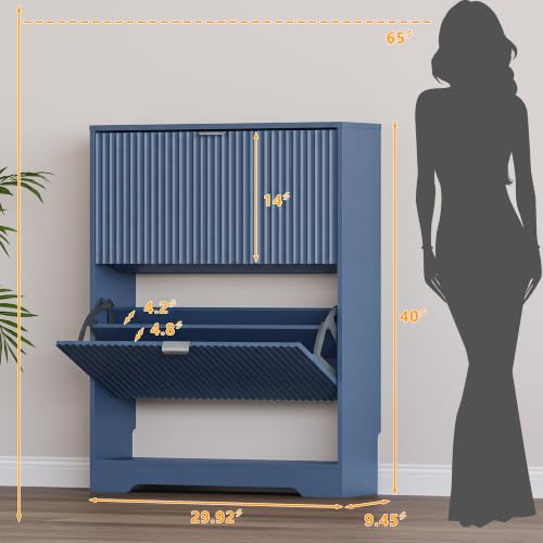 Image of BORNOON Shoe Cabinet with 2 Flip Drawers, Fluted Shoe Storage Cabinet with Adjustable Shelves, Freestanding Rack and Organizer for Entryway, Closet, Hallway