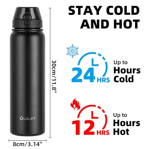 OLDLEY Stainless Steel Water Bottle with Straw 1L Vaccum Insulated Large Drink Flask Metal Water Bottles 1 Litre Leakproof Keep Drinks Hot Cold for Bike Sports Gym Adult Women Men(Black,1 Lid) - Image 4