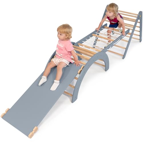 6-in-1 Pikler Triangle Climbing Set - Climbing Toys for Toddlers - Montessori Climbing Set - Indoor Wooden Play Gym for 2-6-Year-Olds - Light Gray