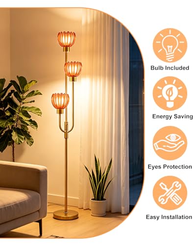 Image of 3-Lights Modern Glass Floor Lamp Gold Dimmable Floor Lamps with 3000K Warm White Bulbs for Wedding Party 66IN Tall Standing Lamp with Deep Red Glass Shade for Living Room /Bedroom /Girls Room