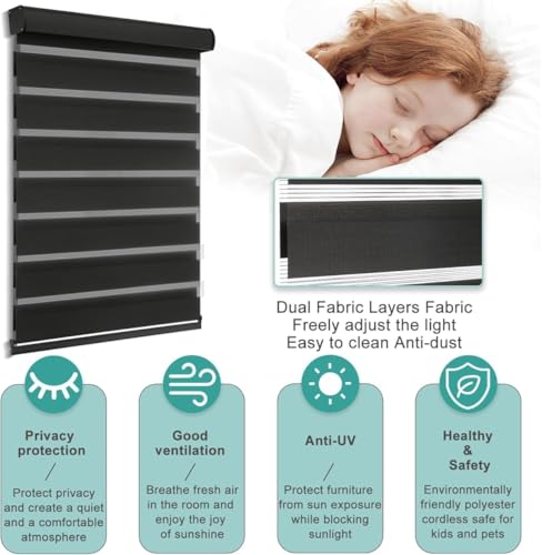MYshade Cordless Zebra Blinds with Free-Stop Function - Dual Layer Light Filtering & Privacy Sheer Shades for Day and Night - Easy Install Window Shades for Home, Living Room, 29" W x 64" H,Black by MYshade - Used condition - Image 8