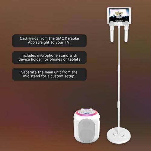 Image of Singing Machine SMC2040S Ultimate Karaoke System, 50 watts System, Sing Cast Video Streaming and Pitch Lab Technology with Rechargeable Battery and Two Wireless Mics, White