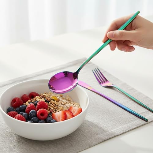 Image of Slim Handle Rainbow 20 Pcs Stainless Steel Cutlery Set for Dining Table, Dishwasher Safe Glossy Flatware (4 Spoon Set+4 Forks Set+4 Butter Knife+4 Dessert Spoon+ 4 Fruit Fork)