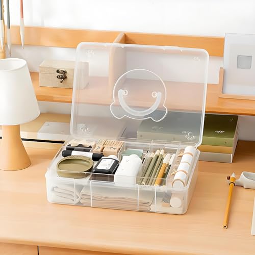 Image of Tosnail 12.8 inch x 9 inch Large 2 Tiers Plastic Craft Organizer Box Storage Container with Removable Tray, First Aid Carrying Case for Home, Office Supplies, Stationery, Sewing, Painting, Arts (Clear)