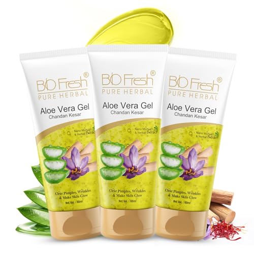 Image of BIOFRESH HERBALS Aloe Vera Gel - 60ml with Chandan Kesar Face Gel Multipurpose Gel for Skin and Hair with Nano Multi-Vit Extract Non-Sticky Anti-Acne Skin Care (Pack of 3)