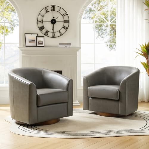 Image of HULALA HOME Faux Leather Swivel Accent Chairs Set of 2 with Solid Wood Base, Round Swivel Barrel Chairs for Living Room and Bedroom, No Assembly Required, Grey