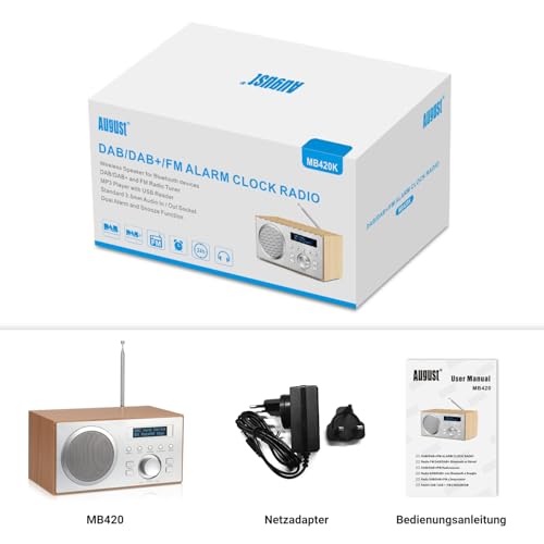 August MB420 DAB+/FM Radio mit Bluetooth digitales Küchenradio mit Holzgehäuse mit RDS-Funktion 60 Presets Hifi Lautsprecher 5W - Radiowecker mit Sleeptimer Alarm Snooze - USB/Aux-In/Aux-Out