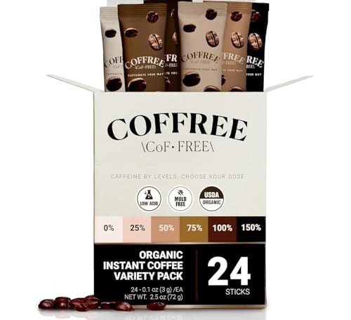 COFFREE Organic Instant Coffee Packets Variety Pack - Convenient Single Serve Coffee Sticks, Mold Free, Low Acid Arabica for On-the-Go Energy - 0–150% Caffeine Options for Hot or Cold Brew - 24 Count