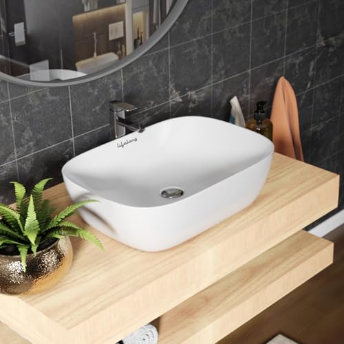 Lifelong Wash Basin for Bathroom - Tabletop Washbasin - Ceramic Glossy Rectangle Countertop Vessel Sink Ideal for Bathroom, Dining Hall & Vanity 33x46x16 cm (White, LLHIPB01)