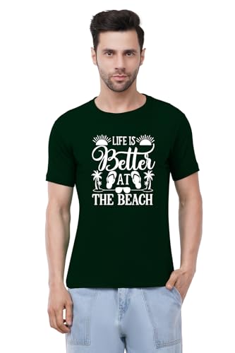 Image of Caseria Men's Cotton Printed T-Shirt -Life is Better Beach | 100% Cotton | Half Sleeves | Regular Fit | Printed | Round Neck | Graphic T Shirt