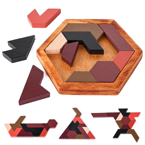 3 otters Hexagon Tangram Puzzle, Wooden Brain Puzzles Challenging Wooden Brain Teasers Puzzle Games Brain Games for Kids Family Party Gift, Christmas Stocking Stuffers
