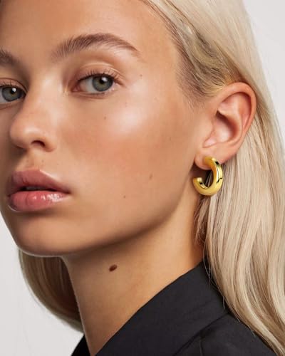 Image of Stainless Steel Chunky Hoop Earrings For Women, Minimalist and Chic, Black /Gold Plated, Round Hoops Earrings Hypoallergenic, Size: 30mm /40mm /60mm /80mm, Come with Box