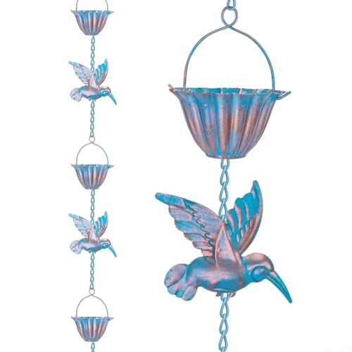 MeevrgR 13.1FT Hummingbird Rain Chain – 7-Cup Cascading Water Feature with S-Hook – Antique Blue Metal Finish – Rustproof Garden Decor for Gutters