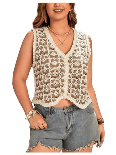 Image of Verdusa Women's Sweater Vest Button Front V Neck Sleeveless Crochet Plaid Checkered Knit Sweater Vest