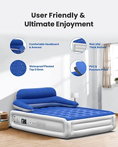 Airefina Air Bed with Headboard, King Size Inflatable Mattress with Built-in Pump, Camping Air Beds Backrest for Outdoors, Double Airbed for Adult Sleeping Bedroom, Portable Fast Inflatable Deflatable