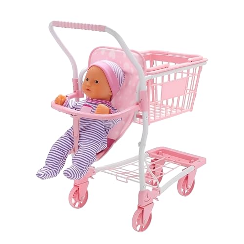 Toy Shopping Trolley For Kids – 2 In 1 Kids Shopping Play Set With Basket And Doll Carrier – Durable Children’s Shopping Trolley With Seat And Wheels For Pretend Grocery Store Play