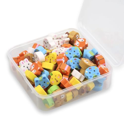 Rumyve 100 Pcs Mini Cube Erasers - Cute Animal and Fruit Shaped Pencil Erasers for Students, Party Gifts, Classroom Rewards (Animals)