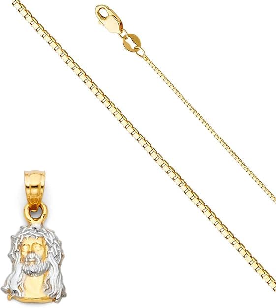 14k Two Tone Gold Jesus Christ Head Pendant Charm With Yellow Gold 0.8mm Box Chain Set For Men's Women's - 24 inch3