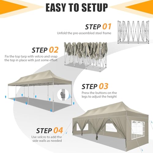 Image of HOTEEL Tents for Parties 10x30 Pop Up Canopy Tent Heavy Duty with 8 Sidewalls, Commercial Party Tent Event Wedding Instant Canopy Waterproof with Carry Bag, UV 50+, Thicked Hexagonal Legs, Khaki