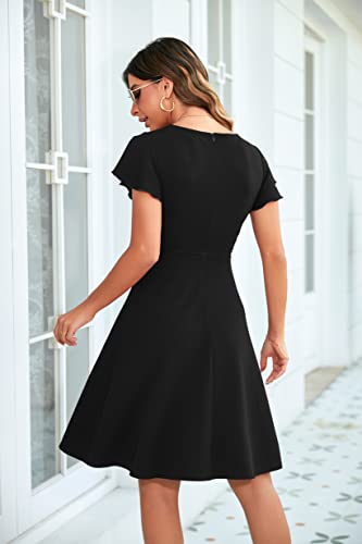 Owin Women's Cocktail Dresses Elegant Ruffle Sleeve Flared A Line Swing Casual Party Dress Black S #TOP2
