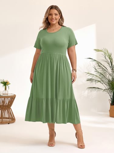 Image of LARACE Plus Size Dresses for Women Summer Casual Short Sleeve Long Dress Flowy Maxi Beach Dresses with Pockets L-6XL