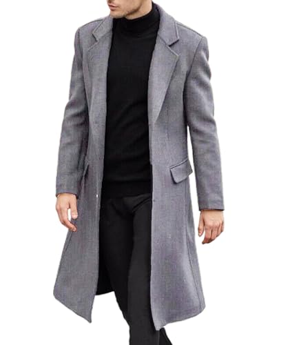 Men's Wool Blend Trench Greatcoat Casual Floor Length Notched Collar Single Breasted Winter Peacoat Jacket