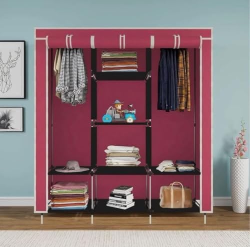 Image of Collapsible Wardrobe Closet for Clothes Storage, 8 Shelf Portable Fabric Almirah, Foldable Clothes Organizer with Plastic Frame, Space Saving Cupboard for Bedroom (Maroon)