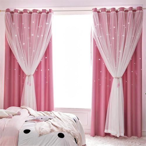 AOWELLOW Pink Blackout Curtains for Bedroom, Double Layer Stars Cut Out Curtains for Kids Nursery, Privacy Thick Eyelet Thermal Princess Darkening Drapes for Girls Living Room 2 Panels, W52X L84