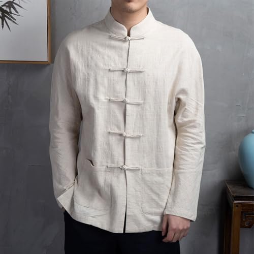 Veste chinoise de Tai Chi pour homme avec col montant, manches longues, fermeture boutonnée sur le devant, adaptée pour la pratique du Kung Fu et les tenues décontractées (L abricot)
