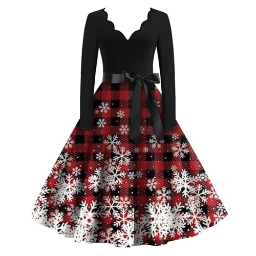 Weihnachtskleid Damen Frauen Vintage Rockabilly V-Ausschnitt Langarm A-Linie Übergröße Weihnachten Kleid Mit Schleife Pullover Damen Weihnachts...