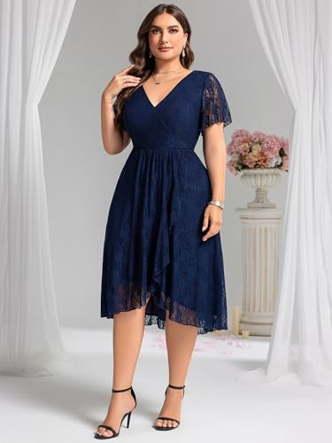 Image of Ever-Pretty Plus Women's Summer V Neck Short Ruffles Sleeves Lace Midi Plus Size Cocktail Party Formal Dresses Navy Blue US20