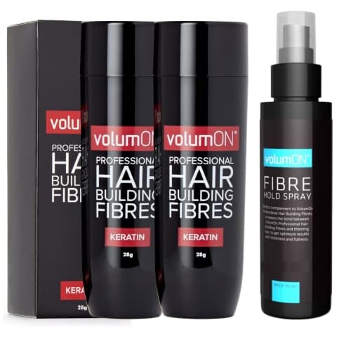 Hair Fibres x2 VOLUMON Keratin Hair Building Fibres for Thinning Hair - Instantly Conceals Thinning Areas for Fuller Thicker Hair - For Men & Women 28g x2 + 100ml Fibre Hold Spray (Medium Brown) Cover
