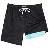 SURF CUZ Mens Swim Trunks with Compression Liner Quick Dry Swim Shorts 7' Swimming Trunks Stretch Zipper Pockets,Cool Coast,M
