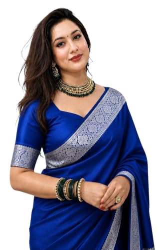 Image of Women's Glory Banarasi Satin Kanjivaram Saree Silver Zari Border Pure Soft Blend Silk Sari Kanchipuram Paithani Silk Party Wedding Festive New Ladies Sadi with Unstiched Blouse Piece.