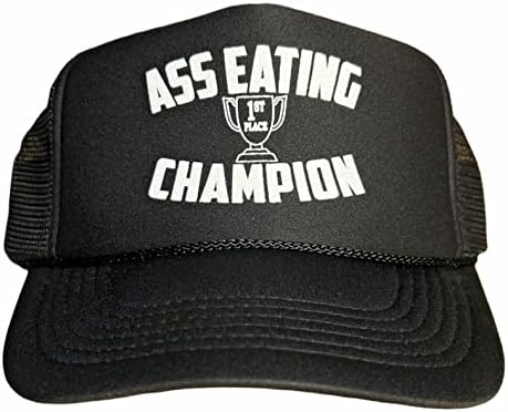 Ass Eating Champion Snapback Trucker Hat for Men or Women, Vintage Fit with Funny Novelty Graphic, Black Custom Mesh Cap