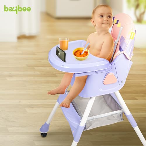Image of Baybee 3 in 1 Fiora Baby High Chair for Kids Feeding with Two Height Adjustable, Recline & Wheels, Booster Seat with Food Tray, Belt & Basket, High Chair for Baby 6 Months to 4 Years Boy Girl (Pink)