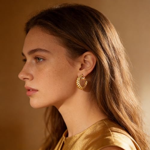 Image of Gold Clip On Hoop Earrings for Women, 18K Gold Plated Eco-Friendly Alloy Non-Pierced Ear Clips, Hypoallergenic Sustainable Fashion Jewelry for Daily & Party Wear