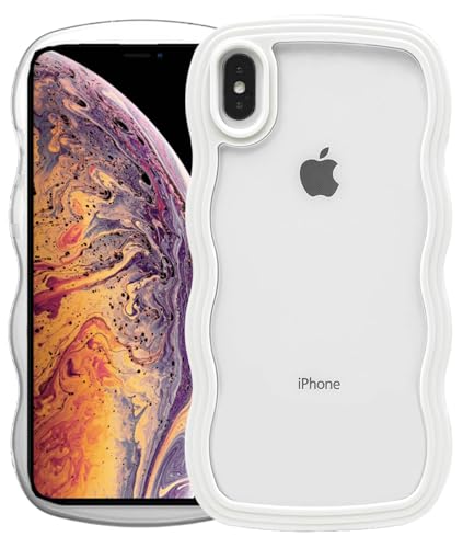 Image of GoldKart iPhone Xs Max Case Wavy Edge Clear Back Design, Anti-Slip Grip Cute Wave Curly Frame Shape Shockproof Soft TPU & Hard PC Bumper Protective Phone Case Cover for Women Girls - White