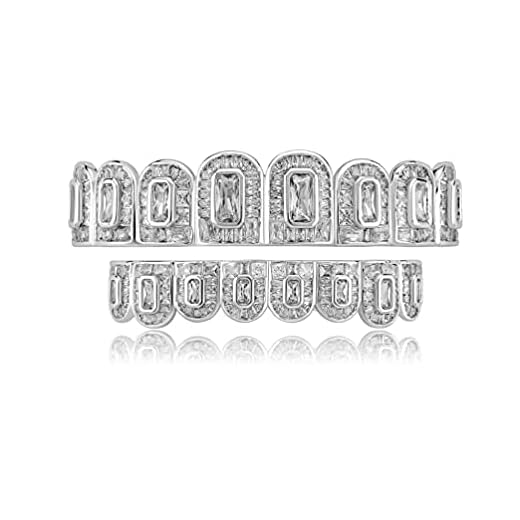 TOPGRILLZ Grills for Your Teeth 8 Top and Bottom 14K Real Gold Plated Iced Baguette Diamond Fang Grillz for Men Women Cosplay Hip Hop (Silver Baguette)