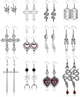 CASSIECA 12 Pairs Gothic Earrings Set Vintage Silver Goth Punk Rock Y2k Earrings Set for Women Fashion Jewelry