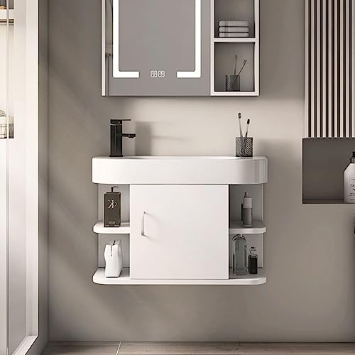 Mueble Baño Suspendido Muebles De Baño Con Lavabo Batio De Tocador Montado En La Pared, Gabinete De Baño Pequeño Con Fregadero De Cerámica Con Puerta De Madera Y Gabinete Lateral Doble ( Color : Left