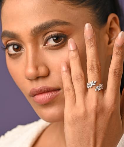 Image of Clara Pure 925 Silver Leafy Finger Ring with Adjustable Band for Women | Gift for Women Girls Wife Girlfriend | Swiss Zirconia | Platinum Plated | Minimal Daily Wear