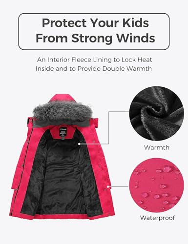 Image of wantdo Girls Winter Coats Long Puffer Jackets Fleece Lined Removable Hood | Detachable Faux Fur, 5000mm Waterproof, Zippered Pockets, Machine Washable