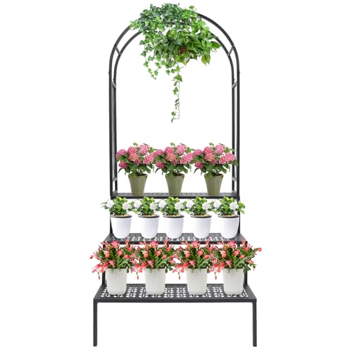 Wiyuer Estantería para plantas de 3 pisos con arco de metal, soporte para flores, 165 cm, soporte para macetas, escaleras para interiores, exteriores, balcón, jardín